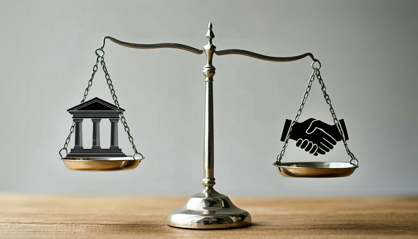 A balanced scaleone side with a bank building icon the other side a handshake icon-1