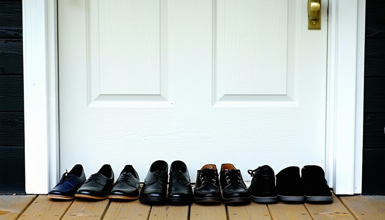 A neat row of shoes in front of the door of a New Zealandstyle home-1