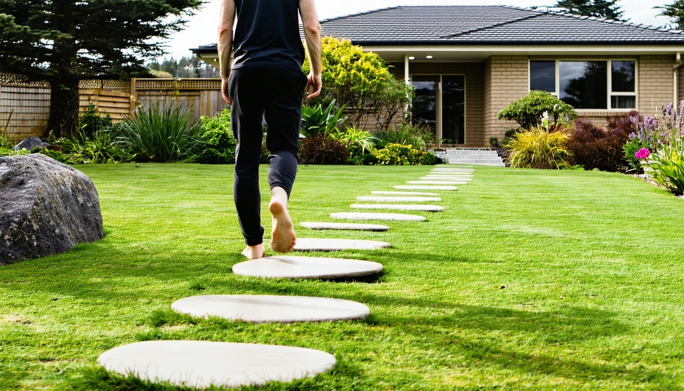 A person stepping across stones in a garden leading toward a NZstyle house-1