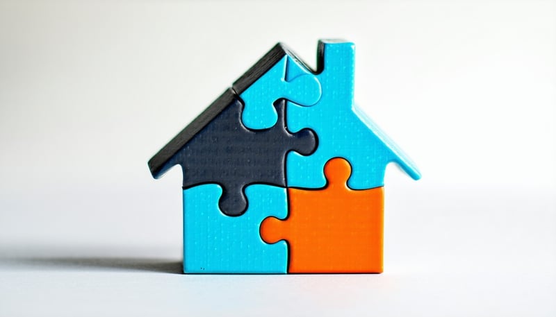 A stylized digital illustration showing four solidcoloured 3d realistic puzzle pieces fitting together to form the shape of a house The background is clean and modern with soft neutral tones The image should evoke the idea of teamwork and strategy in