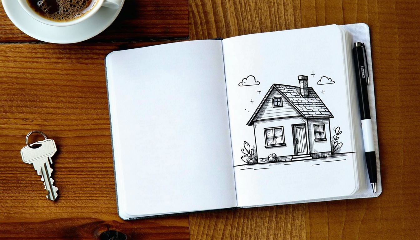 An open notebook on a table House drawing on the notebook Coffee and single key nearby-1