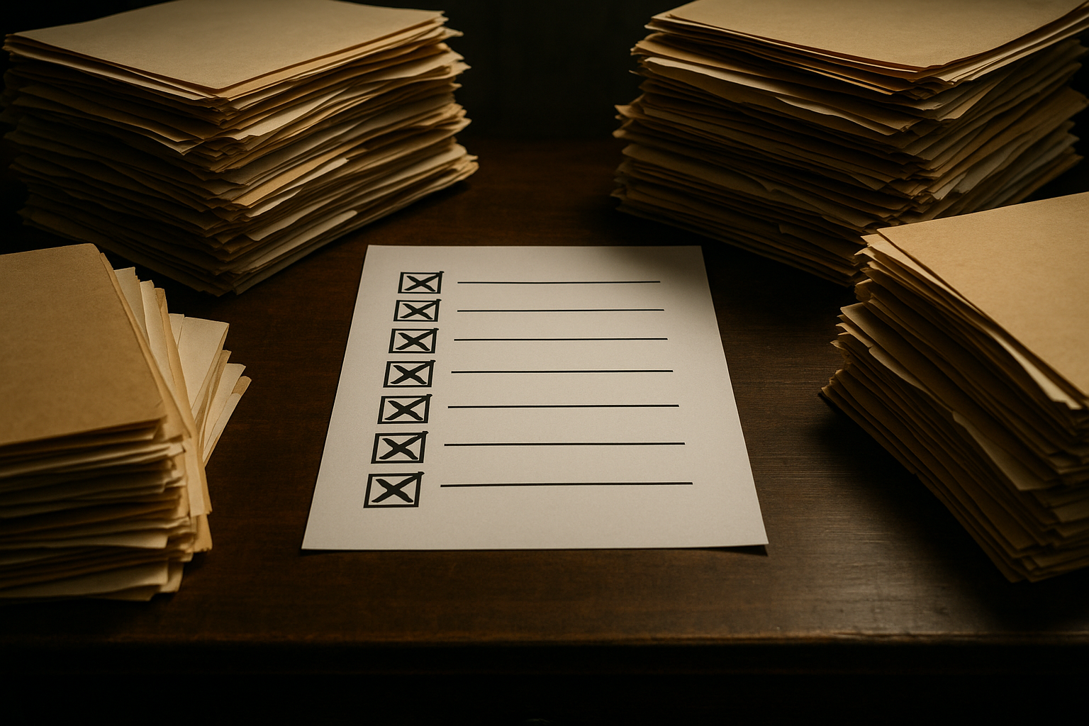 Desk with piles of folders white piece of paper in the center with an empty checklist all crossed out-1