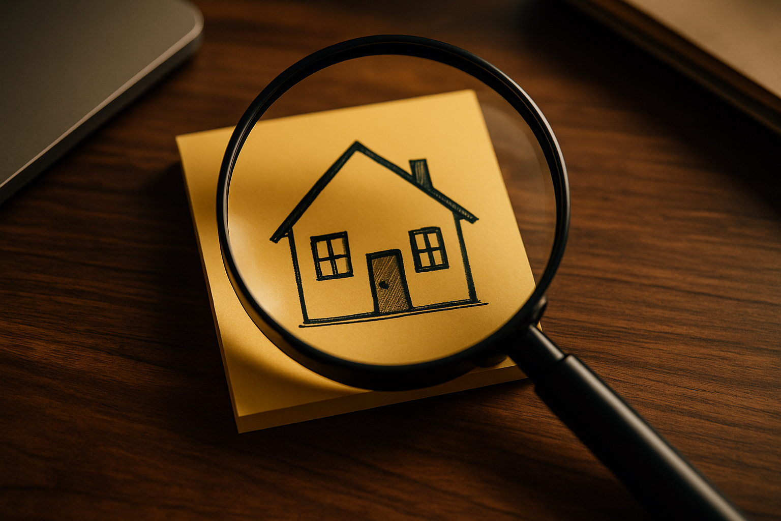 Magnifying glass over a house drawing on a sticky note on a desk