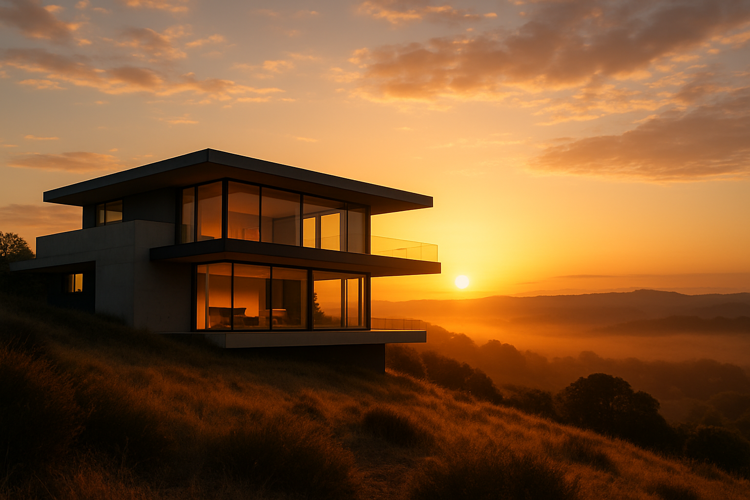 Modern house on a hill at sunrise