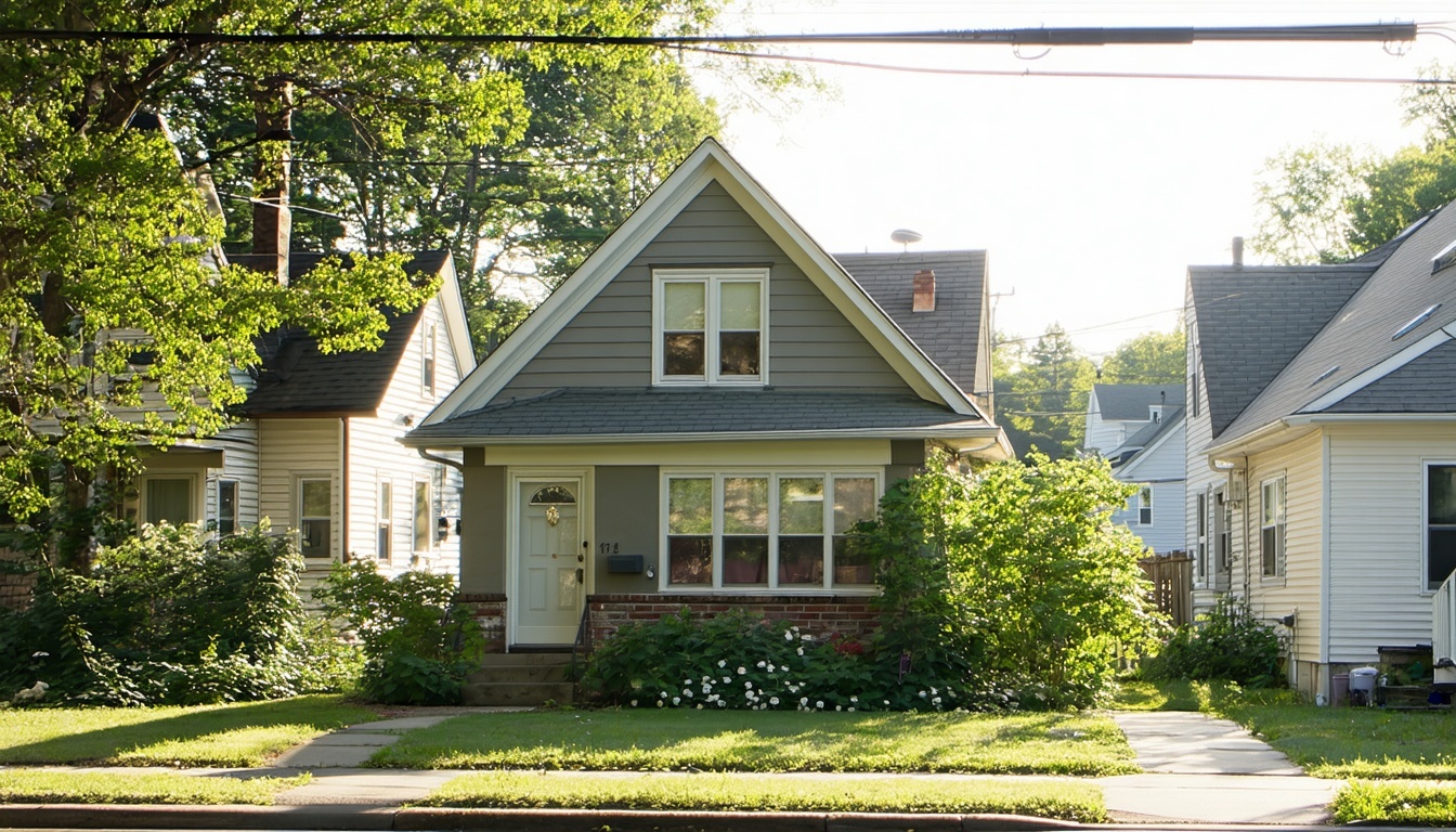The image shows a classic basic family home in a homey neighbourhood with natural lighting from the Sun The backdrop is more nature and houses in the distance
