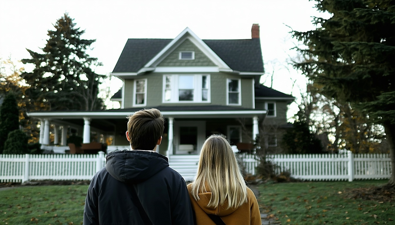 couple standing in front of a house facing the house looking thoughtful