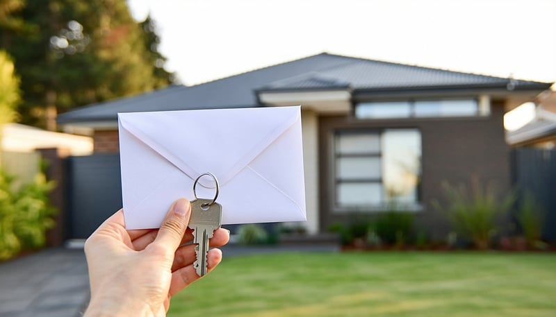 hand holding envelope and house key Background includes a New Zealandstyle suburban house blurred softly in the distance The tone is confident modern and encouraging  perfect for a financial blog aimed at firsttime home buyers