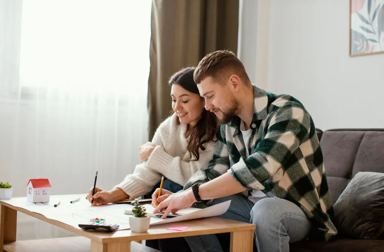 Happy couple writing on paper at home